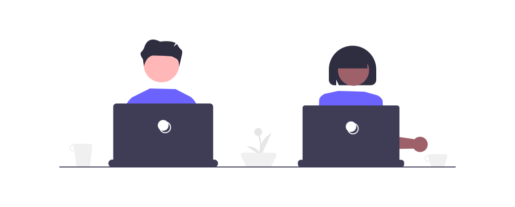 Illustrations of two students working at laptops